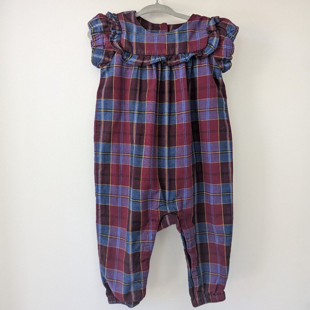 Plaid Romper with ruffle details by Tea Collection